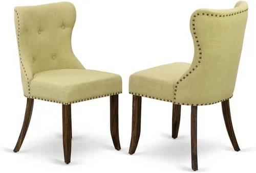 Vista 11 de East West Furniture SIP1T21 Sion Parson - Juego de 2 sillas tapizadas de tela de lino azul con ribete de clavos y botones copetudos, color negro