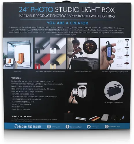 Vista 3 de Bower Caja de luz portátil de estudio de 24 pulgadas para teléfonos inteligentes, réflex digitales y cámaras compactas, diseño plegable