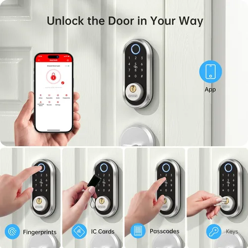 Vista 4 de Cerradura de seguridad inteligente, cerrojo electrónico de huellas dactilares SMONET con teclado, entrada sin llave Bluetooth, teclado digital