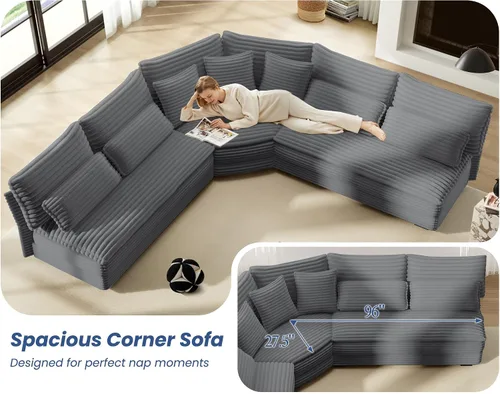 Vista 6 de Sofá modular de 5 plazas, sofá esquinero en forma de L de 102 pulgadas, sofá de pana de gran tamaño con cojines de 2 capas, sofá en forma de V