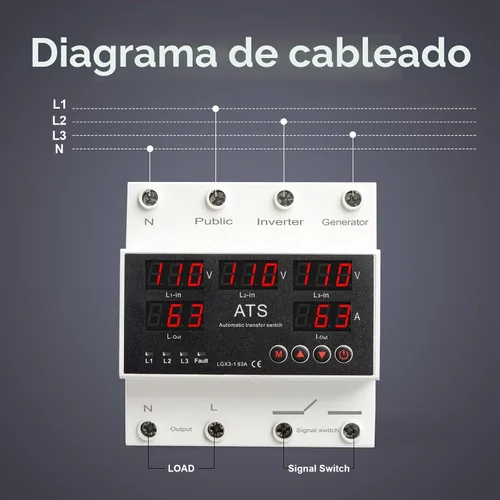 Vista 6 de Interruptor de Transferencia Automática ATS 4P 63A 110V - Selector de Fase de Prioridad L1, 50/60Hz, Montaje en Riel DIN, Certificado CE para Uso