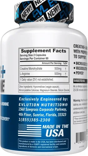 Vista 2 de Evlution Nutrition Creatina + L-Arginina – Apoya el flujo sanguíneo, la recuperación después del entrenamiento y el crecimiento muscular magro – 500