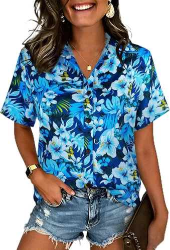 Vista 44 de LILYCHIC Camisas hawaianas de verano con botones de coco para mujer, camisas suaves con botones de manga corta A-hoja floral negra