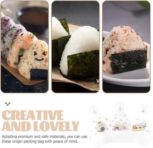 Vista 7 de iplusmile 100 bolsas de embalaje de bolas de arroz desechables con patrones creativos para loncheras y restaurantes de sushi, 7.48 x 5.90 pulgadas