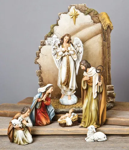 Vista 2 de Joseph's Studio by Roman - Belén de 7 piezas con pared trasera, incluye sagrada familia, ángel, pastor y oveja, 12.25 pulgadas de alto, resina