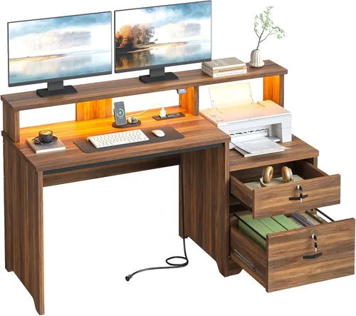 Vista 10 de Bestier Escritorio para computadora de 55 pulgadas con tomas de corriente y luces LED, escritorio de oficina en casa con cajón de archivos