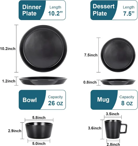 Vista 3 de Juegos de platos y cuencos, juegos de vajilla de 16 piezas, servicio para 4, color negro