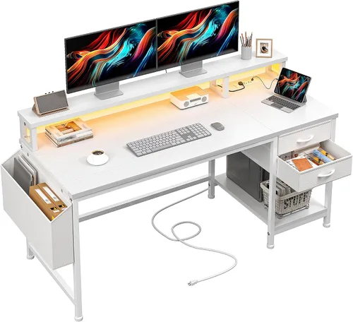 Vista 17 de DurayLoly Escritorio para juegos de 40 pulgadas con cajones y bolsa de almacenamiento, escritorio para computadora con tomas de corriente y luces