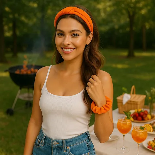 Vista 4 de Juego de diadema y coletero naranja – Accesorios para el cabello a juego para mujeres y niñas