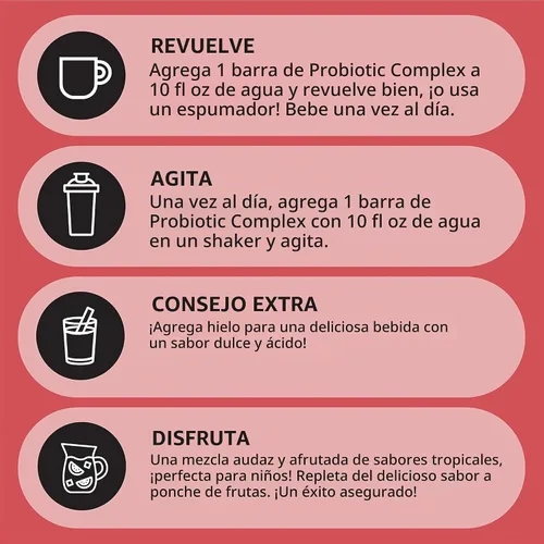 Vista 5 de Mezcla de Bebida Compleja Probiótica para Niños – Sabor Ponche de Frutas – 30 Sobres de Porción Individual Mezcla de Prebióticos, Probióticos