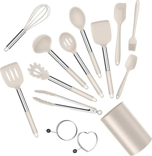 Vista 17 de E-far Juego de utensilios de cocina de silicona, 7 piezas de utensilios de cocina resistentes al calor con mango de acero inoxidable, espátula