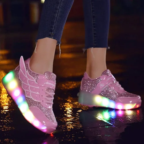 Vista 4 de Nsasy - Zapato deportivo para niña con ruedas para patinar y luces. Tenis deportivo con luces Led para niñas, regalo navideño para niños, rosado