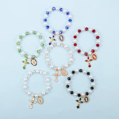 Vista 4 de Pulsera elástica de Virgen María con dije de cruz – Cristal de perlas multicolor con cuentas de joyería religiosa católica para mujer, regalo