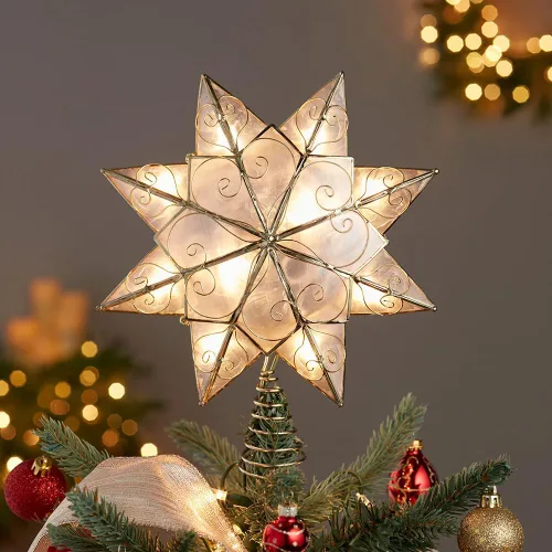 Vista 2 de Estrella de Capiz de 8 puntas de Kurt Adler con 10 luces para interiores con decoración con diseño de arabescos