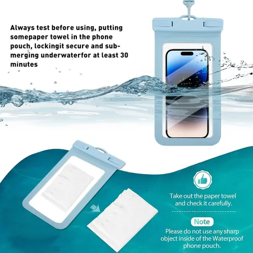 Vista 5 de Bolsa impermeable para teléfono móvil, color azul, adecuada para varios modelos de iPhone, excelente calidad sin afectar el control táctil