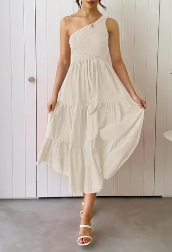 Vista 2 de ZESICA - Vestido largo de verano bohemio con estampado floral de un hombro sin mangas fruncido con volantes y volantes para la playa