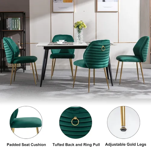 Vista 5 de Juego de 2 sillas de comedor tapizadas, modernas de terciopelo de mediados de siglo con respaldo de ala y patas de metal dorado, cómoda silla