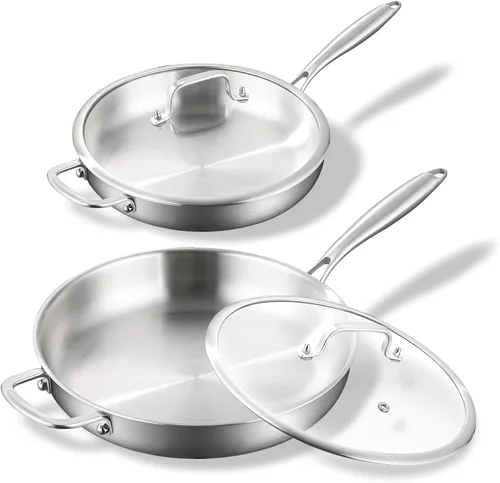 Vista 7 de DELARLO Juego de sartenes de cocina de acero inoxidable de tres capas con tapa de 10.5 pulgadas y 12.5 pulgadas, sartenes grandes de inducción