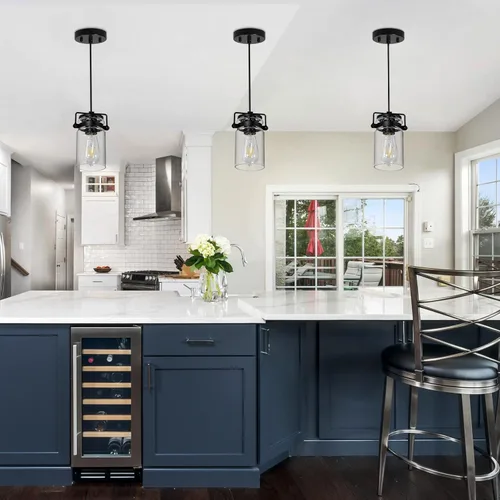 Vista 4 de Iluminación colgante para isla de cocina, lámpara colgante de cristal moderna lineal para comedor, 1 luz, lámpara colgante industrial para techo