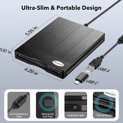 Vista 7 de Lector de disquete, 3.5 pulgadas 1.44 mb USB externo tipo A/C disquete para PC, portátil y escritorio compatible con Windows 11/10/8/7/2000/XP,