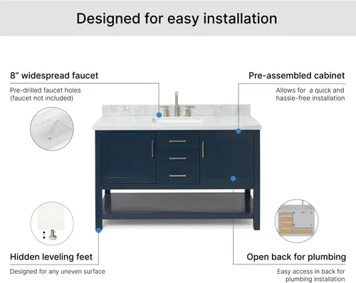 Vista 7 de ARIEL Bayhill - Tocador de baño con lavabo de 54 pulgadas, madera maciza, encimera de mármol italiano de Carrara de 1.5 pulgadas, fregadero Azul
