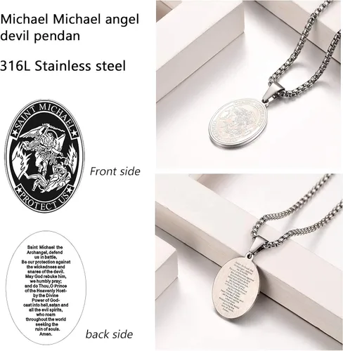 Vista 3 de Collar para hombre y mujer personalizado de San Miguel San Cristofer de acero inoxidable chapado en oro de 18K redondo ovalado colgante de escudo