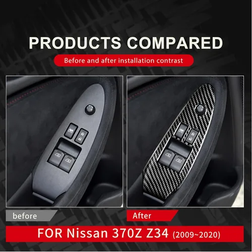 Vista 3 de Fibra de carbono compatible con accesorios Nissan, calcomanía para panel de botón de interruptor de elevación de ventana de automóvil para Nissan