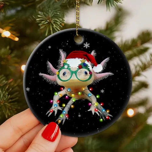 Vista 5 de Hyturtle Adorno de Navidad para los amantes de los ajolotes – Ajolote con sombrero, adorno de cerámica de Navidad – Lindo regalo para amantes