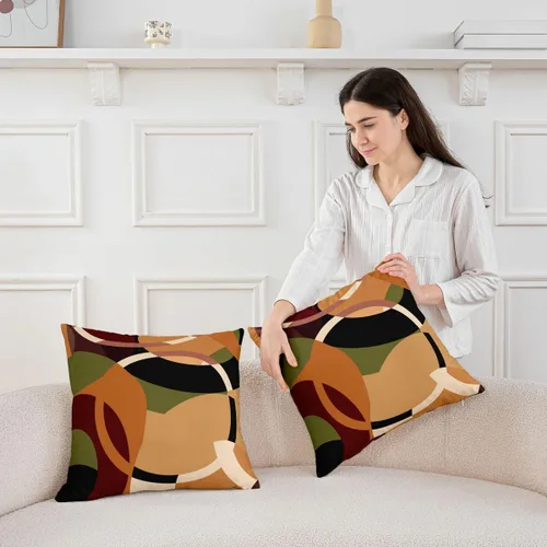 Vista 5 de Paquete de 2 fundas de almohada decorativas con diseño geométrico marrón, rojo y verde, fundas de cojín cuadradas de geometría suave para sofá