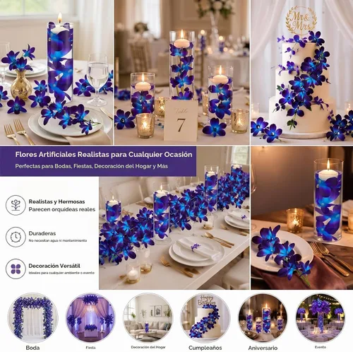 Vista 5 de Canlierr 8 flores artificiales de orquídea sintética azul y morado