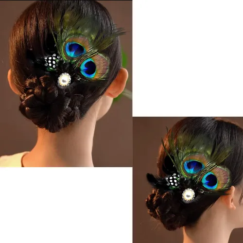 Vista 3 de Aliotech Clip de pelo de plumas de pavo real mariposa con diamantes de imitación de perlas artificiales, 5.2*3.1 in - Accesorio para el cabello