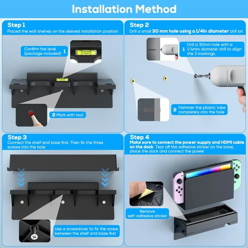 Vista 7 de WOLIBEAR Kit de montaje en pared para Nintendo Switch y Switch OLED, soporte de pared para consola Switch con 7 soportes para tarjetas de juego y 4
