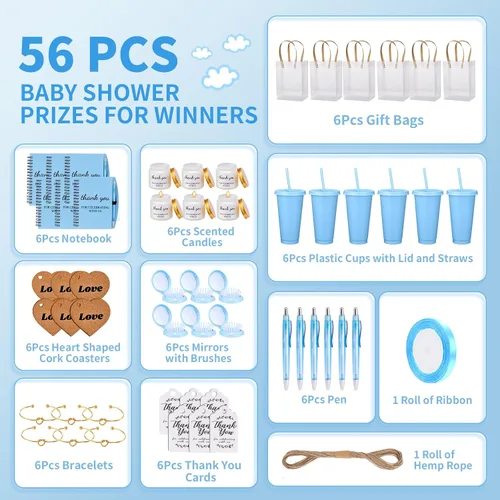 Vista 2 de 56 premios de baby shower para ganadores de juegos, regalos de baby shower, incluyendo vaso de plástico, cuaderno, velas perfumadas, bolígrafos Azul