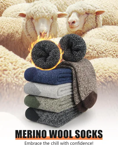 Vista 2 de UUMIAER Calcetines de lana merino para hombre, 5 pares de calcetines térmicos de lana para senderismo, calcetines gruesos de invierno