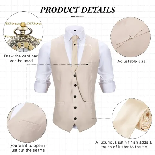 Vista 3 de Disfraz de los años 20 para hombre, atuendo con accesorios, chaleco de gángster de Gatsby, sombrero de fieltro, reloj de bolsillo vintage, tirantes