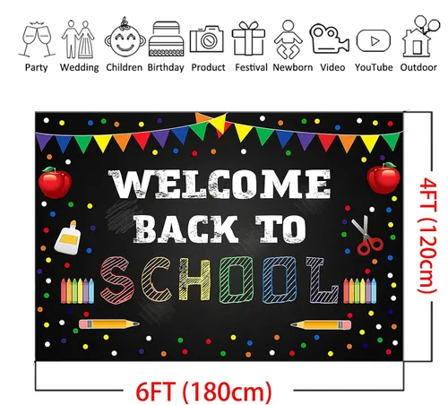 Vista 4 de Mocsicka Telón de fondo de bienvenida de regreso a la escuela, papelería de puntos coloridos para estudiantes y niños, pancarta para el primer día