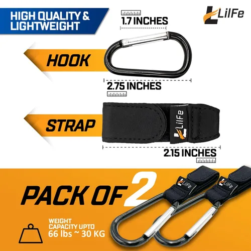 Vista 4 de 2 ganchos negros para cochecito de bebé para colgar Correas multiusos para cochecito con clips duraderos y elegantes para bolsas de pañales El
