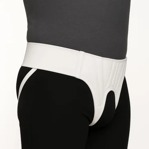 Vista 3 de Cinturón de soporte y braguero de doble hernia blanco ajustable con almohadillas de compresión - Pequeño