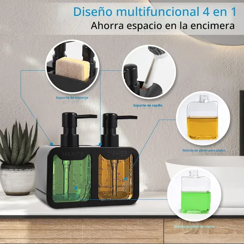 Vista 2 de Juego de dispensador de jabón de cocina, con jabón de manos y platos, organizador de esponja y soporte para cepillo 4 en 1, dispensador de jabón