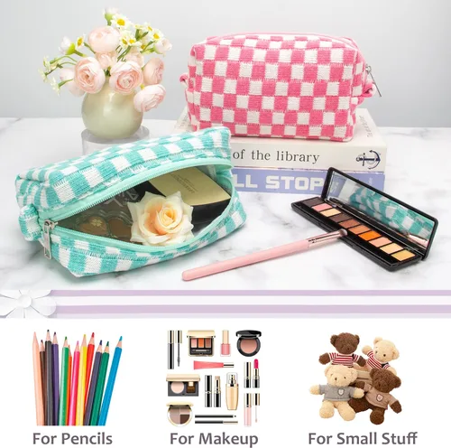 Vista 4 de PAZIMIIK Bolsa de Maquillaje a Cuadros para Bolso Portátil con Cremallera, Estuche Pequeño de Cosméticos para Accesorios de Viaje, Azul Ártico
