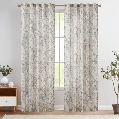 Vista 27 de Jinchan Cortinas de Mezcla de Lino con Estampado Floral para Sala de Estar, 84 Pulgadas de Largo, Cortinas con Bolsillo para Varilla y Tab Trasera