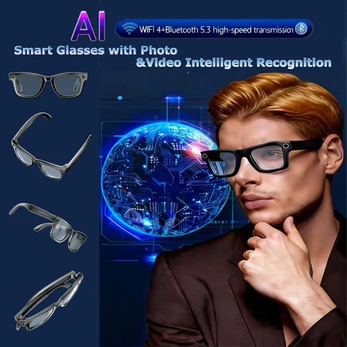 Vista 2 de Gafas inteligentes con cámara, 8MP HD AI Smart Glasses 1080P Video Recording Glasses con asistente de voz, traducción en tiempo real, asistente