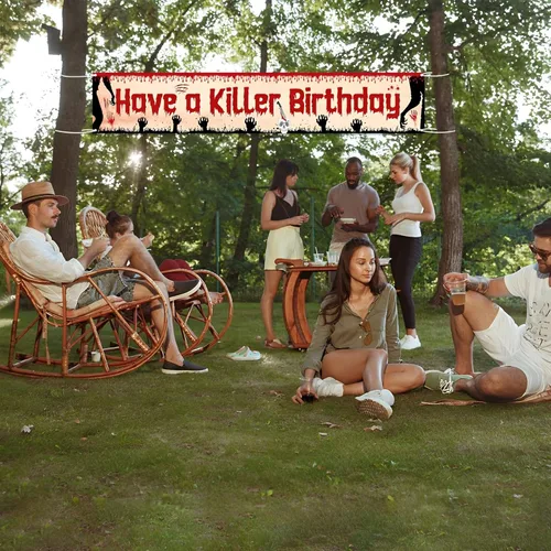 Vista 7 de Labakita Cartel grande de cumpleaños con texto en inglés "Have a Killer", decoración de fiesta de cumpleaños de Halloween, terror de terror