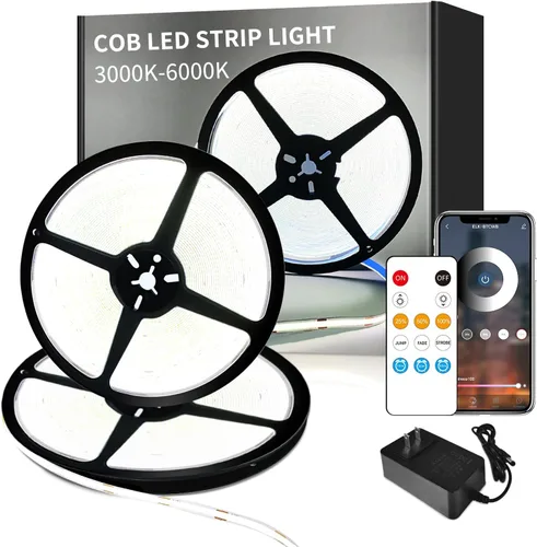 Vista 14 de Tira de luz LED COB de 32.8 pies, color blanco, regulable, CC de 24 V, 6000 K, cinta de luz LED flexible para dormitorio, con control remoto