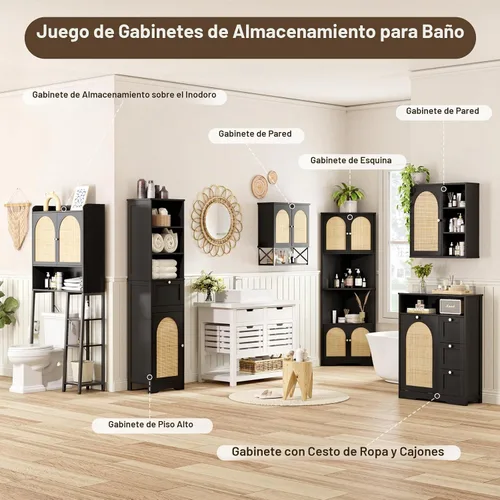 Vista 12 de Gabinete de almacenamiento alto y estrecho de ratán con puertas y cajones Negro