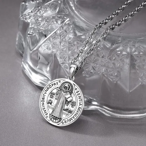 Vista 3 de Odinstone Collar de plata de ley 925 con medalla de San MiguelSan CristóbalSan BenitoCrucifijo de JesúsSan UrielArcángel Rafael para hombres