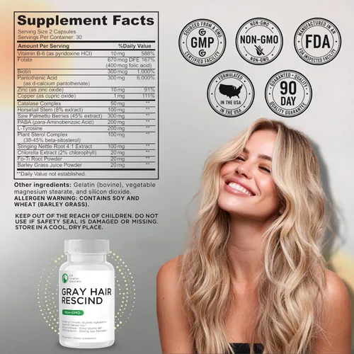 Vista 2 de Gray Hair Rescind with Catalase - Vitaminas antienvejecimiento para el cabello, la piel y las uñas, ácido pantoténico, ácido fólico 400mcg, biotina
