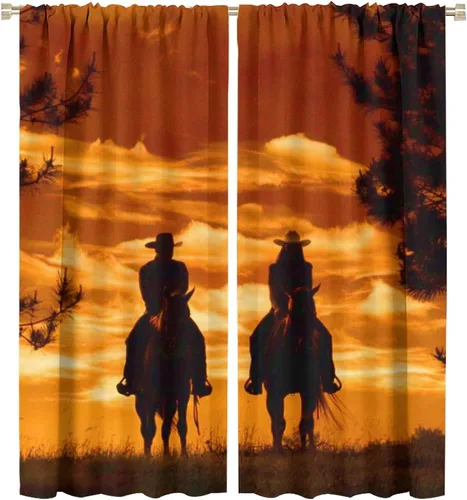 Vista 40 de Cortinas opacas de vaquero americano para sala de estar, atardecer occidental, rústico, vaquero, equitación, cortinas de ventana, aislamiento