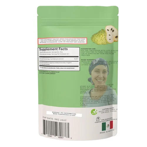 Vista 3 de Green Royalty Guanábana en polvo de 8 onzas Fruta de guanábana 100% natural Sin cafeína, sin azúcar, sin gluten Sin OMG Polvo de bebida a