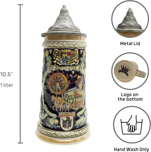 Vista 3 de Essence of Europe Gifts OktoberfestHaus - Taza grande de cerveza con tapa de metal, pintada a mano, grabada a mano, con tapa de metal, 1 litro